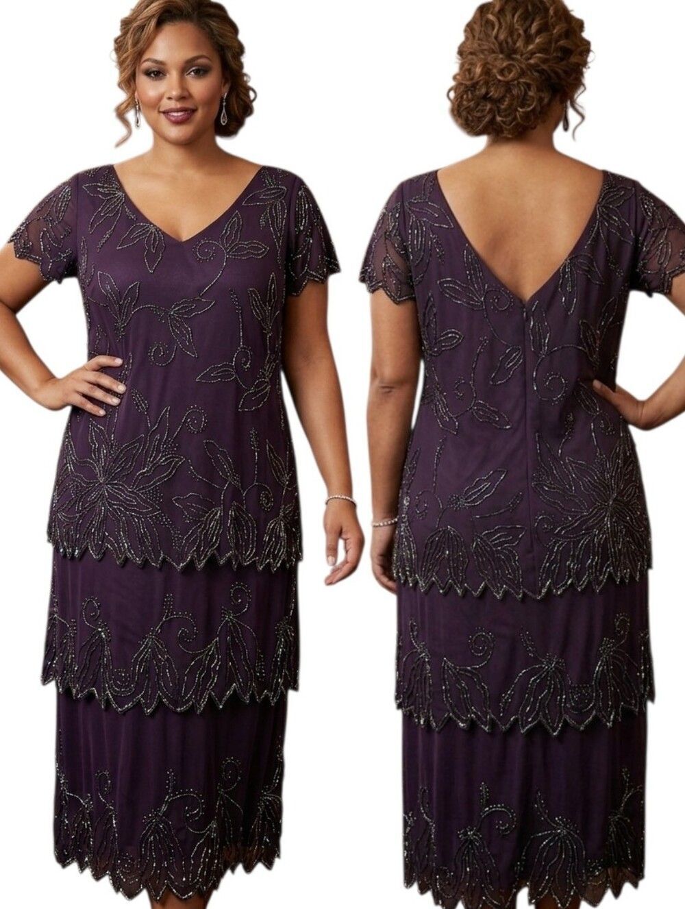 J KARA Purple Beaded Tiered Formal Midi Dress - Size 14W - Picture 2 of 14